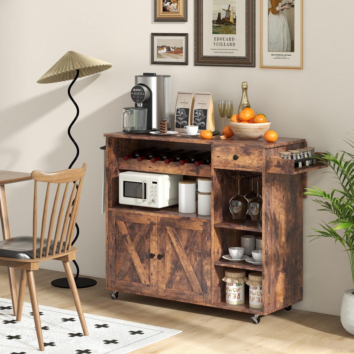 Rolling Kitchen Island Cart with Drop Leaf, Buffet Serving Cart with Wine Rack, Stemware Holder, Towel Rack & Spice Rack, Coffee Station Cabinet with Lockable Casters, Rustic Brown