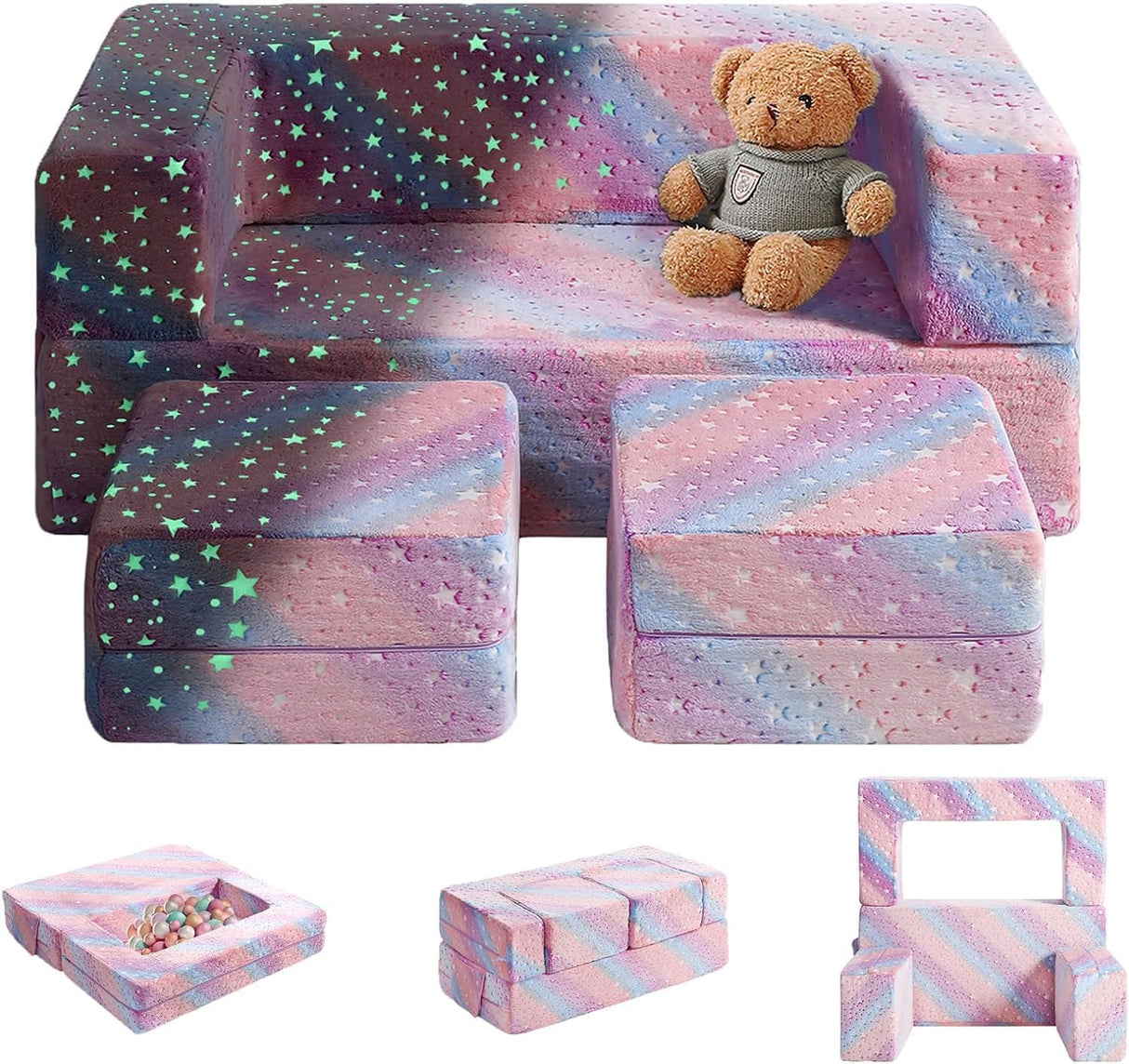 Kids Couch, Glow in The Dark Modular Kids Explore Sofa for Toddler 3 in 1 Fold Out Kids Toddler Sofa, Convertible Plush Toddler Couch with Washable and Durable Covers