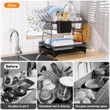 2 Tier Large Dish Drying Rack with Drip Tray, Detachable Dish Drainer Rack with Swivel Drainage Spout, Cutting-Board Holder, Cup Holder, Organize Shelf with Utensil Holder Set, Black