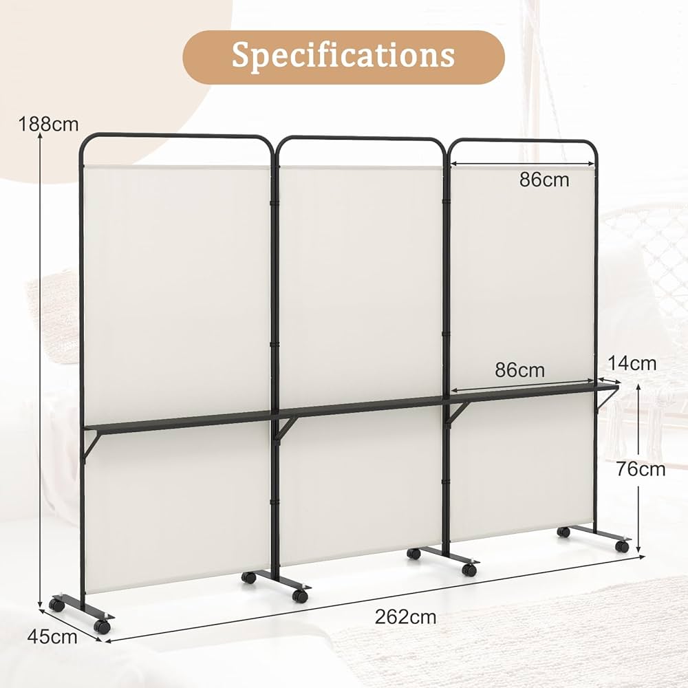 3-Panel Folding Room Divider, 188cm Rolling Privacy Screen w/ 3 Metal Shelves, Lockable Wheels, Portable Wall Divider Separator, Freestanding Privacy Protection for Living Room