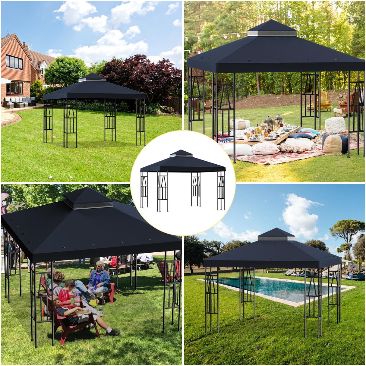 10'x10' Replacement Canopy Top Cover Only for Gazebo, Double Tiered Gazebo Covers for Outdoor Patio Garden Canopy (Black)