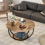 31.7" Round Coffee Table, Industrial 2-Tier Circle Coffee Table with Storage Shelves, Modern Wooden Accent Center Table Sofa Side Table for Living Room, Home Office, Wooden Grain