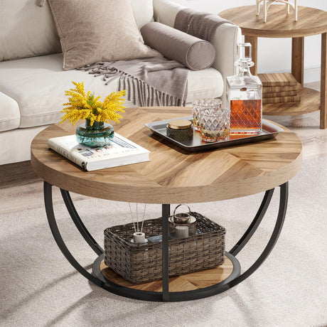 31.7" Round Coffee Table, Industrial 2-Tier Circle Coffee Table with Storage Shelves, Modern Wooden Accent Center Table Sofa Side Table for Living Room, Home Office, Wooden Grain