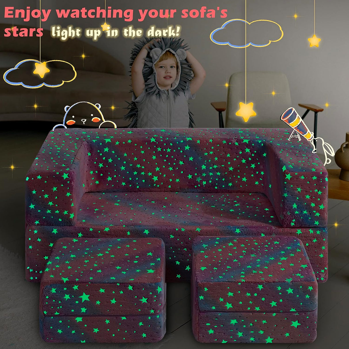 Kids Couch, Glow in The Dark Modular Kids Explore Sofa for Toddler 3 in 1 Fold Out Kids Toddler Sofa, Convertible Plush Toddler Couch with Washable and Durable Covers