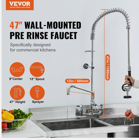 Commercial Wall Mount Kitchen Sink Faucet Pre-Rinse Sprayer 47" Height