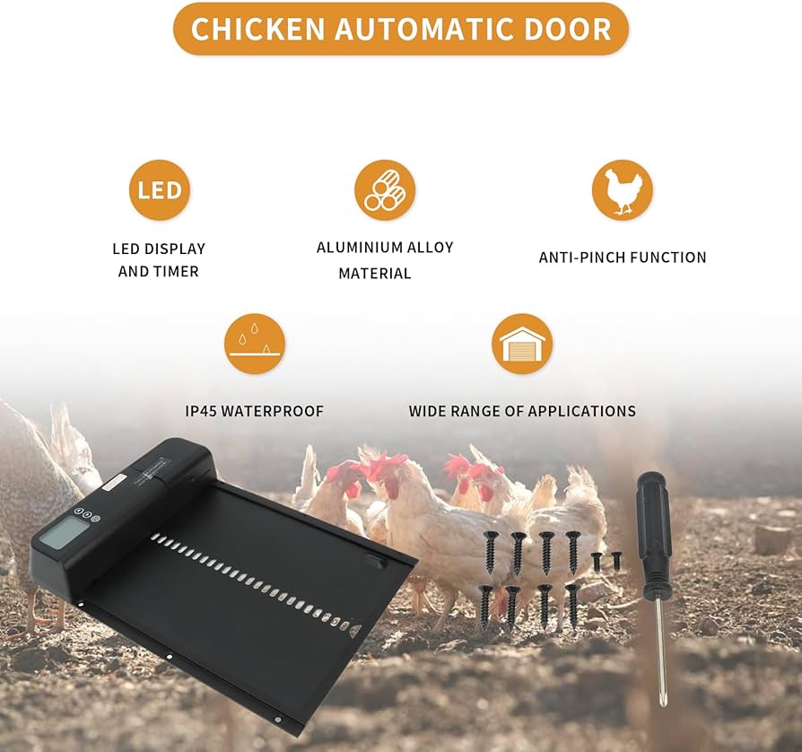 Chicken Coop Automatic Door, Chicken Automatic Door, Automatic Chicken Coop Door with Timer Aluminum Alloy Ip45 Waterproof Led Display Battery Powered Auto Chicken Door Opener