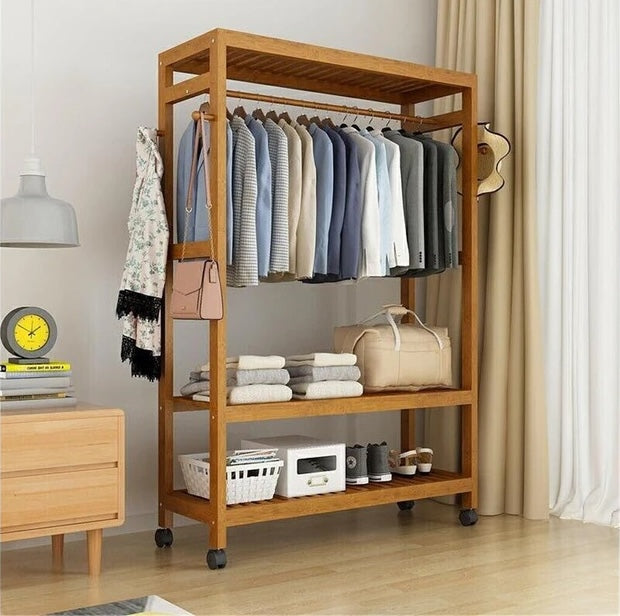 Heavy Duty Wooden Clothes Rail Rack Garment Stand Corner Open Wardrobe w/ Wheels