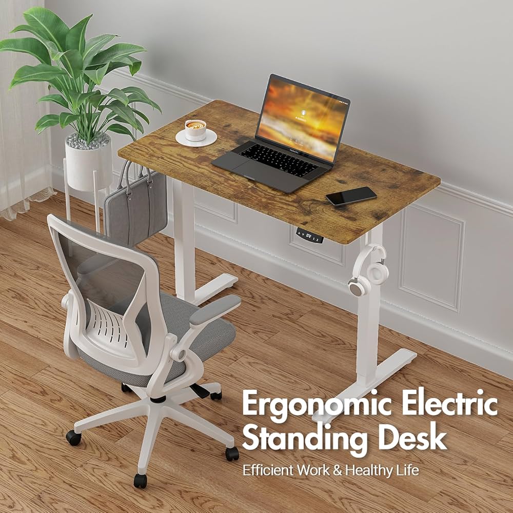 Electric Standing Desk, Height Adjustable Ergonomic Sit Stand Desks with Hanging Hooks and Cable Management, 100 x 55 cm Whole Piece Desktop, for Small Space, Black Frame