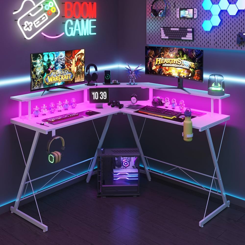 L Shaped Gaming Desk with LED Lights & Power Outlets Computer Desk with Monitor Stand Corner Desk