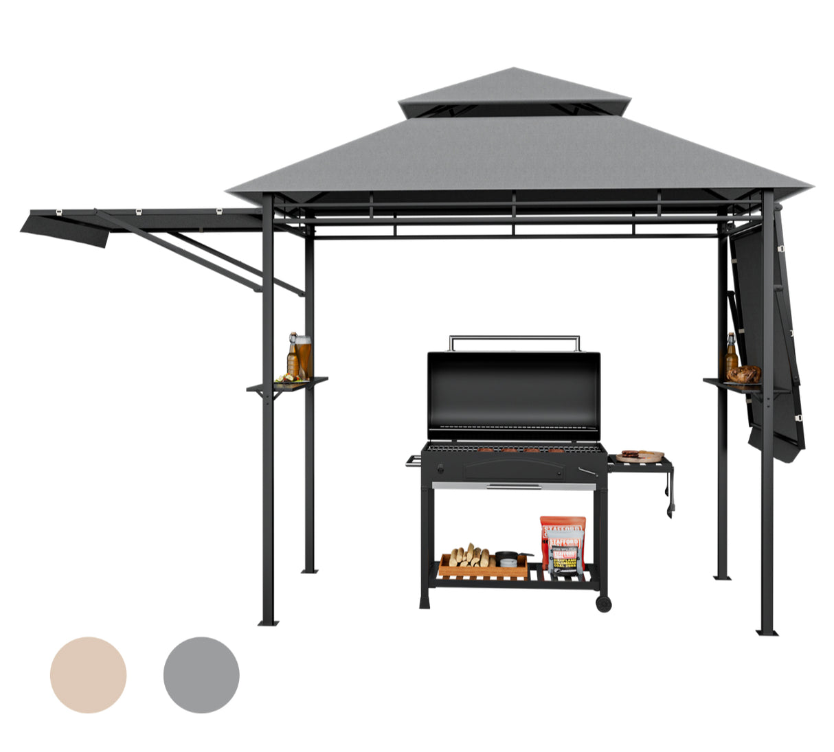 Patio BBQ Grill Gazebo Side Awnings Shelves 2-Tier Canopy Outdoor 413 x 122cm