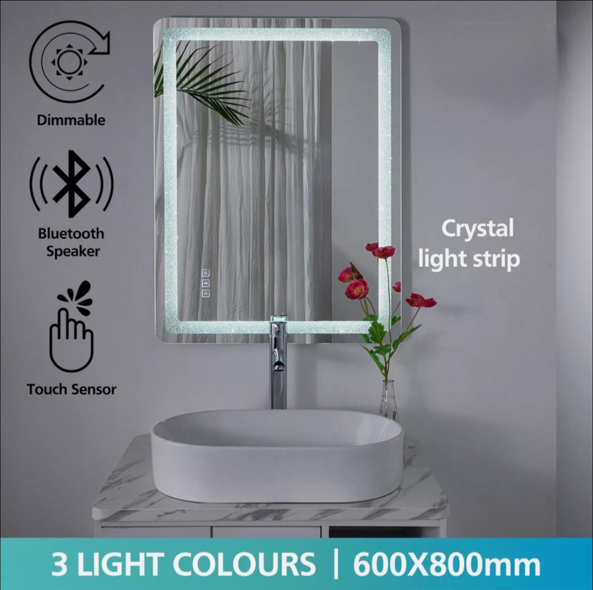 Touch LED Crystal Light Wall Vanity Bluetooth Anti-fog Makeup Mirror 800x600mm