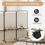 3-Panel Folding Room Divider, 188cm Rolling Privacy Screen w/ 3 Metal Shelves, Lockable Wheels, Portable Wall Divider Separator, Freestanding Privacy Protection for Living Room