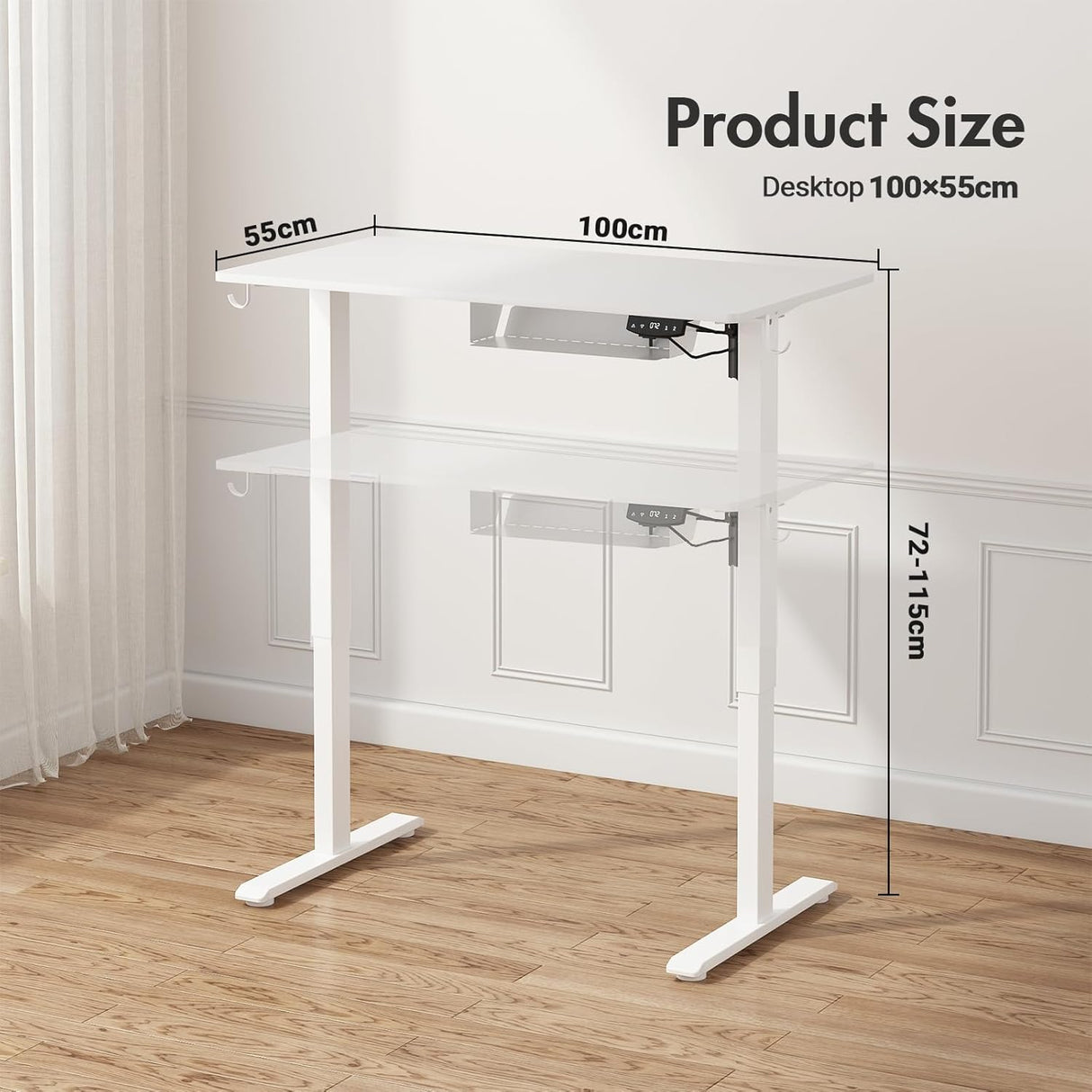 Electric Standing Desk, Height Adjustable Ergonomic Sit Stand Desks with Hanging Hooks and Cable Management, 100 x 55 cm Whole Piece Desktop, for Small Space, White Frame + White Desktop