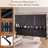 3-Panel Folding Room Divider, 188cm Rolling Privacy Screen w/ 3 Metal Shelves, Lockable Wheels, Portable Wall Divider Separator, Freestanding Privacy Protection for Living Room