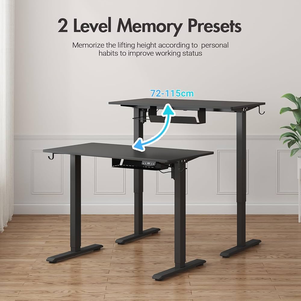 Electric Standing Desk, Height Adjustable Ergonomic Sit Stand Desks with Hanging Hooks and Cable Management, 100 x 55 cm Whole Piece Desktop, for Small Space, Black Frame