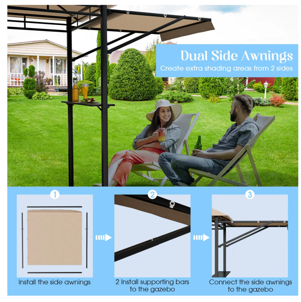 Patio BBQ Grill Gazebo Side Awnings Shelves 2-Tier Canopy Outdoor 413 x 122cm