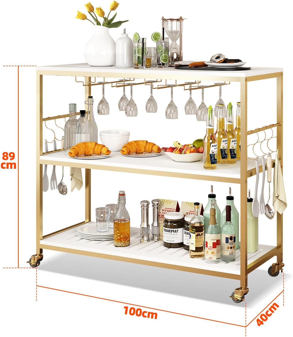 Mobile Kitchen Island Trolley Portable 3 Tier Bar Cart Wine Rack Drinks Glass Bottle Holder Shelf Storage Organizer Coffee Tea Liquor Serving Utility Stand on Wheels