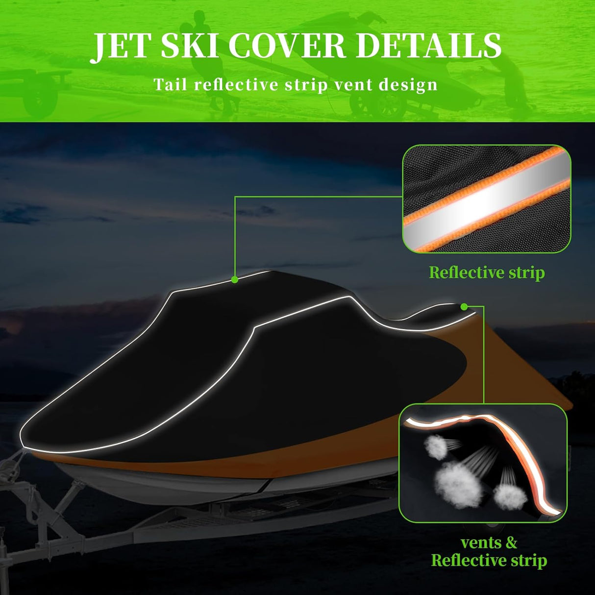 Jet Ski Cover, Heavy Duty Waterproof 210D PWC Cover with Air Vents and Reflective Strips, Fits Seadoo Yamaha GTX Kawasaki Honda Polaris 2 Seater Lengths (Black&Gray)