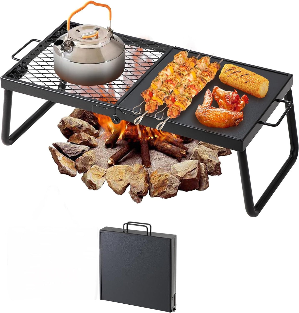 Folding Campfire Grill, Heavy Duty Steel Mesh Grate, 22.4" Portable Camping Grates Over Fire Pit, Camp Fire Cooking Equipment with Legs Carrying Bag, Grilling Rack for Outdoor Open Flame Cooking