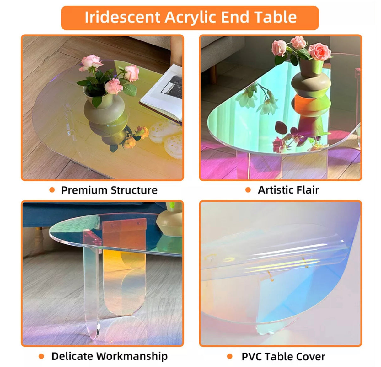 Acrylic Coffee Table Iridescent Oval Side End Table Living Room Office Reception