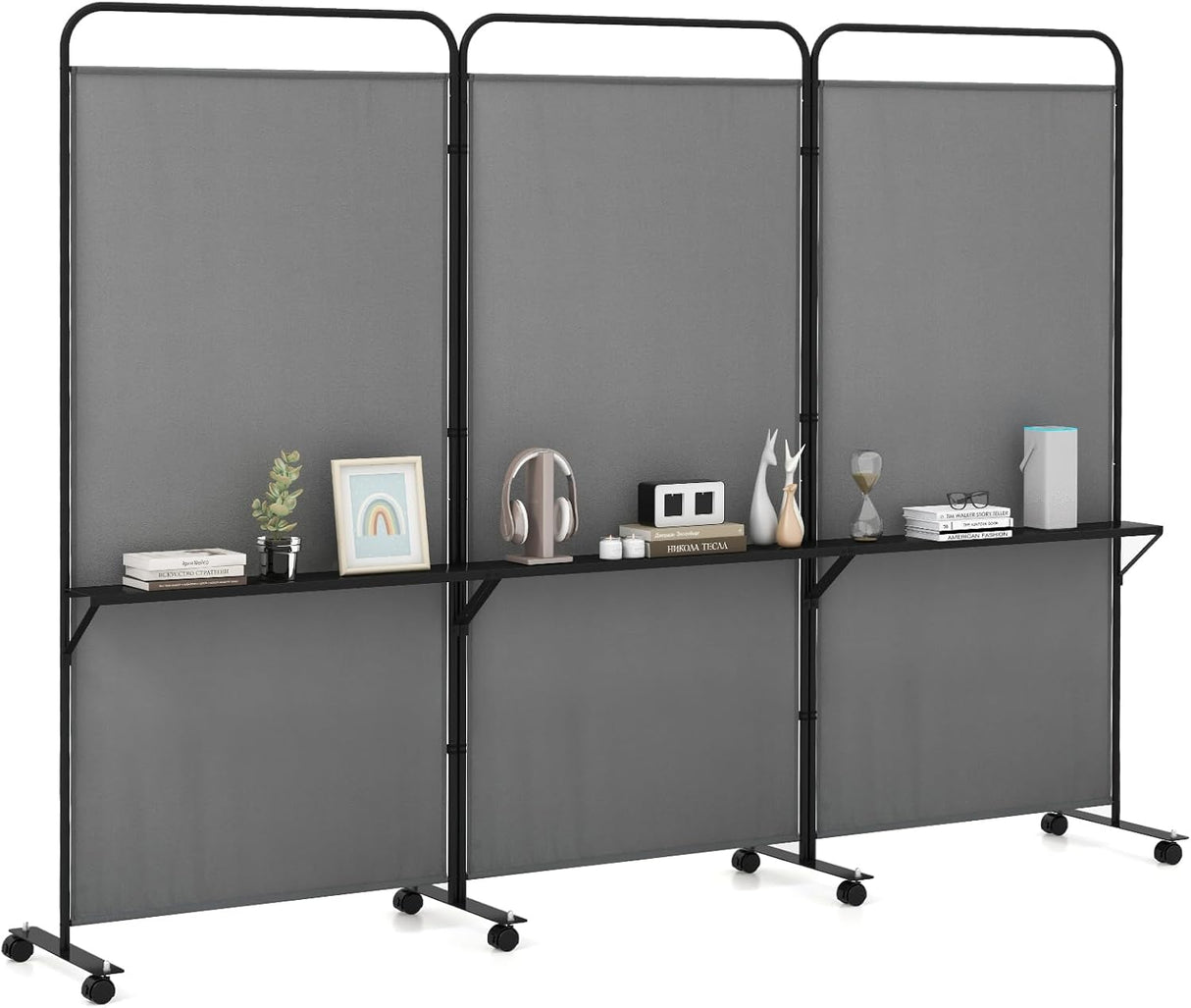 3-Panel Folding Room Divider, 188cm Rolling Privacy Screen w/ 3 Metal Shelves, Lockable Wheels, Portable Wall Divider Separator, Freestanding Privacy Protection for Living Room