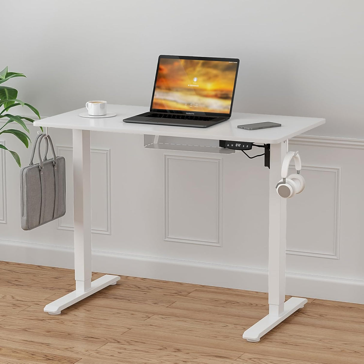 Electric Standing Desk, Height Adjustable Ergonomic Sit Stand Desks with Hanging Hooks and Cable Management, 100 x 55 cm Whole Piece Desktop, for Small Space, White Frame + White Desktop