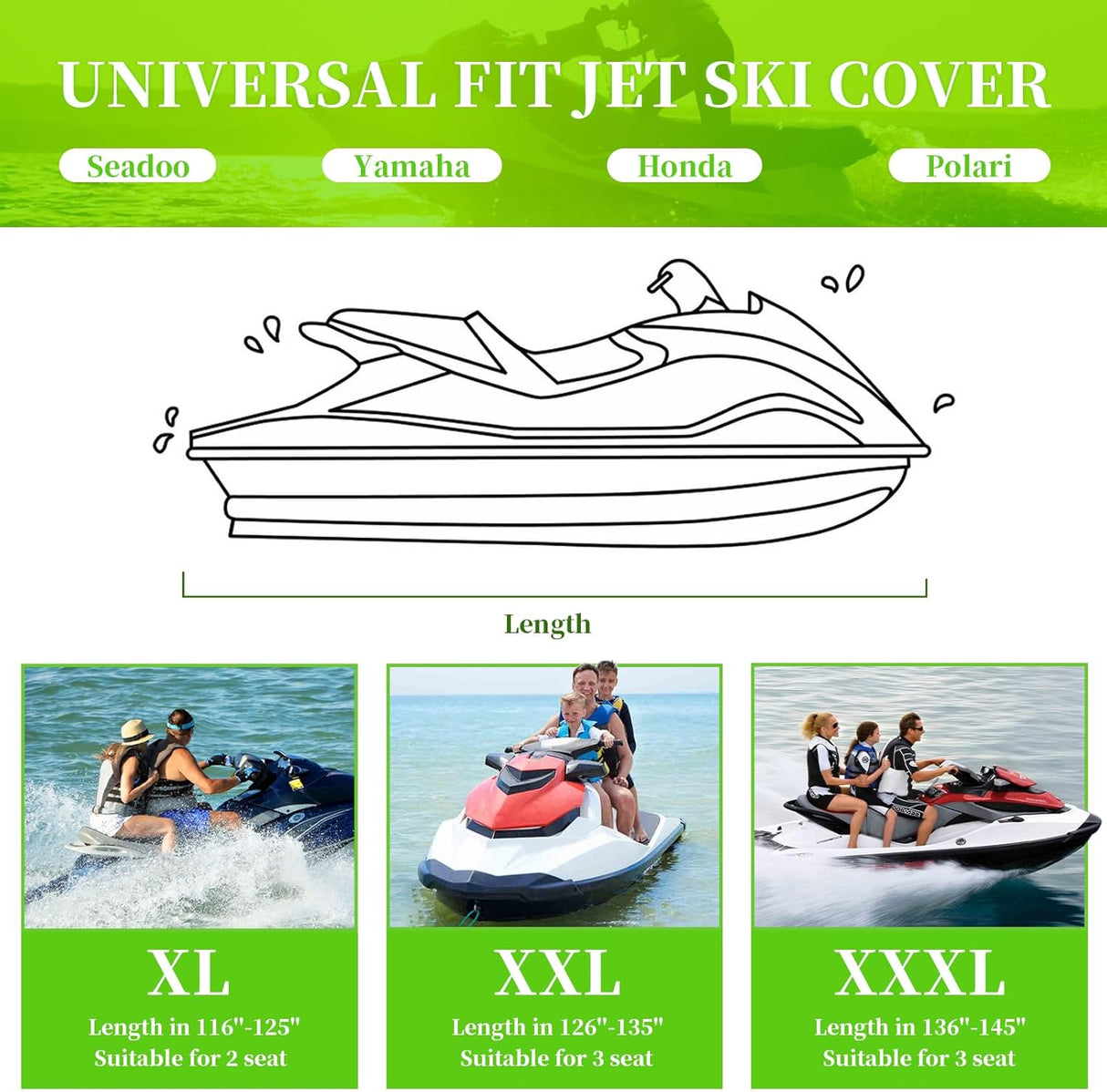 Jet Ski Cover, Heavy Duty Waterproof 210D PWC Cover with Air Vents and Reflective Strips, Fits Seadoo Yamaha GTX Kawasaki Honda Polaris 2 Seater Lengths (Black&Gray)