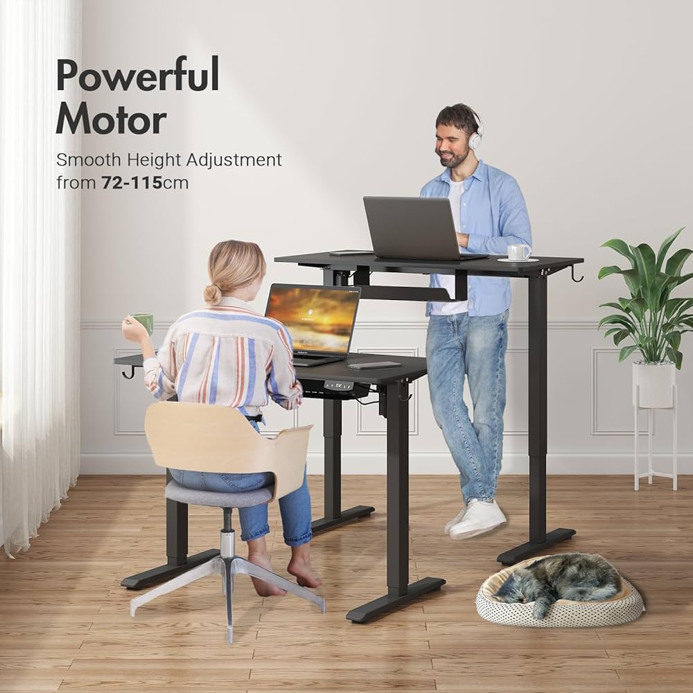 Electric Standing Desk, Height Adjustable Ergonomic Sit Stand Desks with Hanging Hooks and Cable Management, 100 x 55 cm Whole Piece Desktop, for Small Space, Black Frame