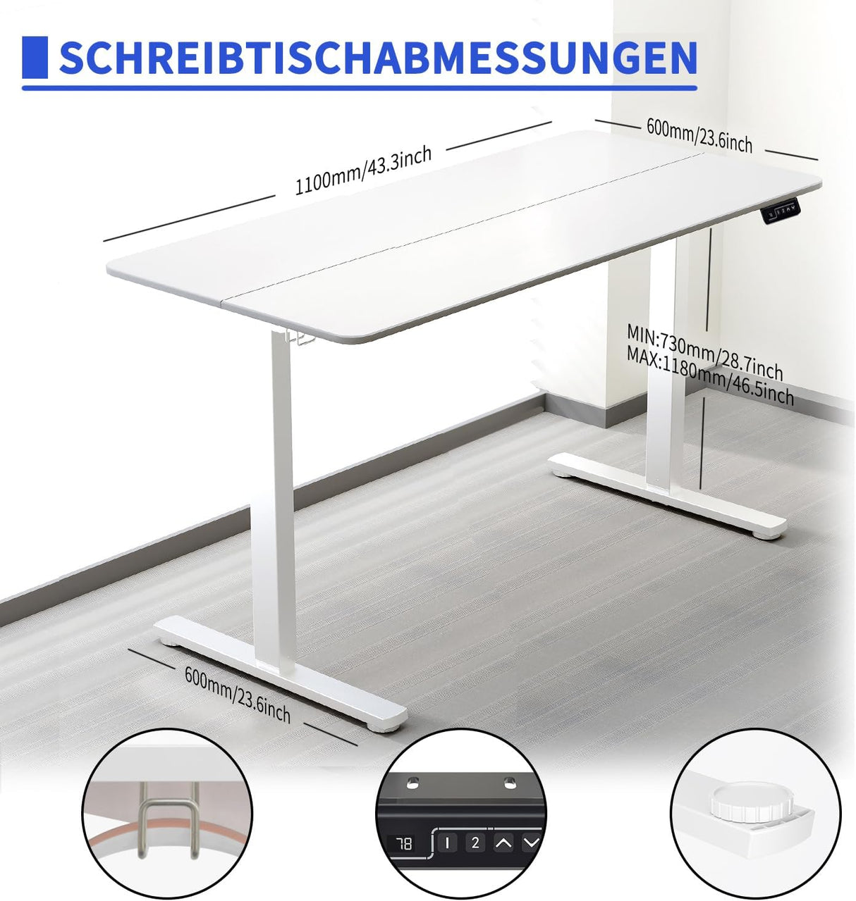 Electric Standing Desk 110x60cm (43.3"x23.6"), Height Adjustable Standing Desk with Splice Board, Stand Up Desk with Backpack Hook and Memory Smart Handset