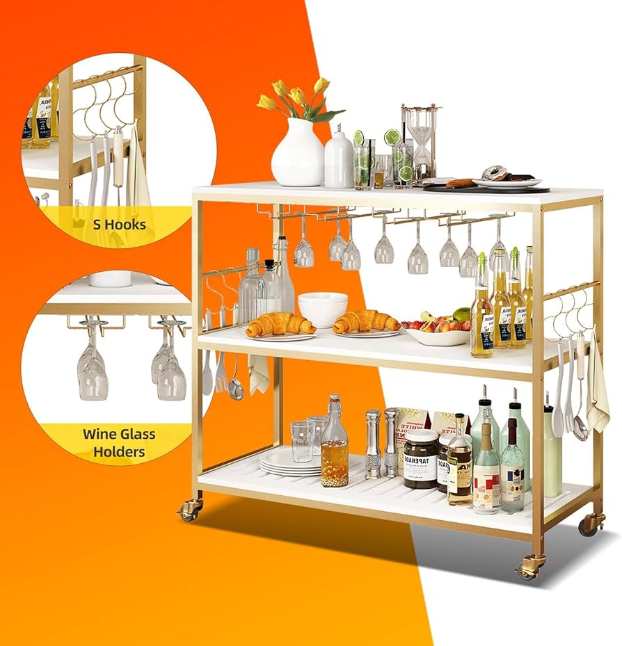 Mobile Kitchen Island Trolley Portable 3 Tier Bar Cart Wine Rack Drinks Glass Bottle Holder Shelf Storage Organizer Coffee Tea Liquor Serving Utility Stand on Wheels