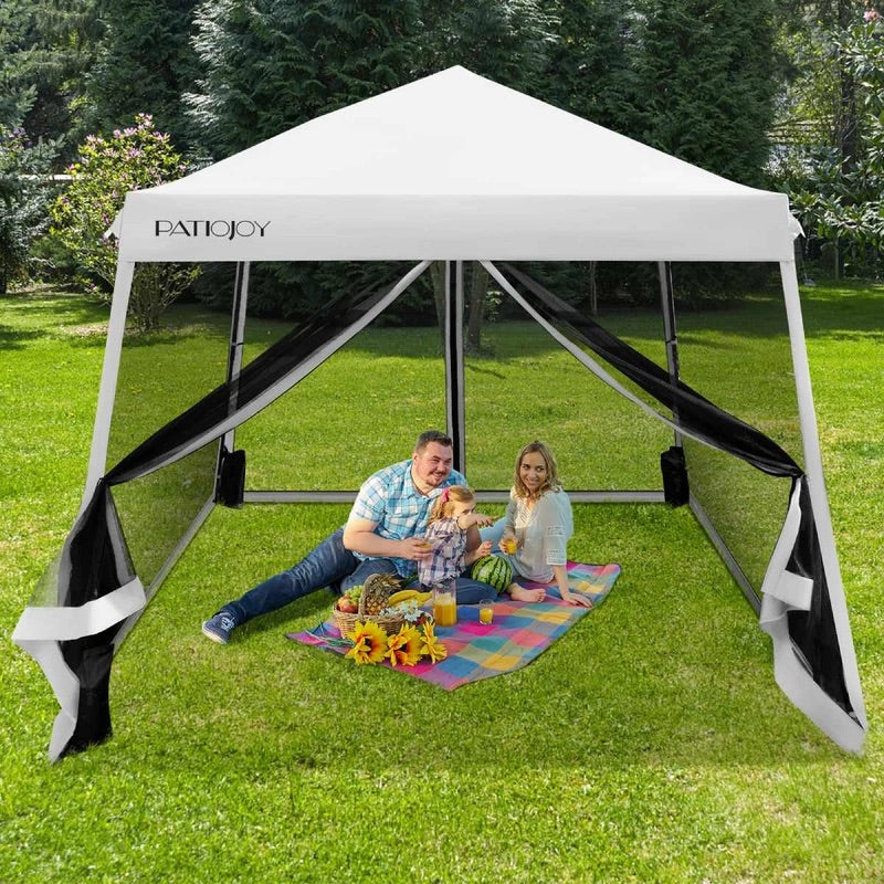 Folding Canopy Sun Shelter Tent w/Mesh Sidewalls Outdoor Picnic Camping White