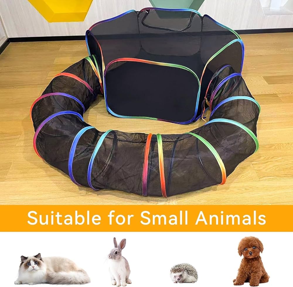 Outdoor Cat Enclosures, Portable Cat Tent for Outside Cat Playpen Enclosed with Tunnel, Small Animal Playpen Guinea Pig Rabbit Cage,Pop Open Exercise Yard Fence with Top Cover