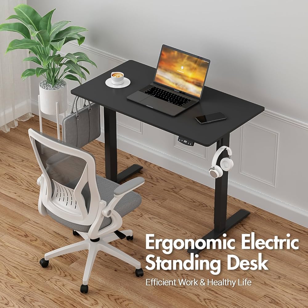 Electric Standing Desk, Height Adjustable Ergonomic Sit Stand Desks with Hanging Hooks and Cable Management, 100 x 55 cm Whole Piece Desktop, for Small Space, Black Frame