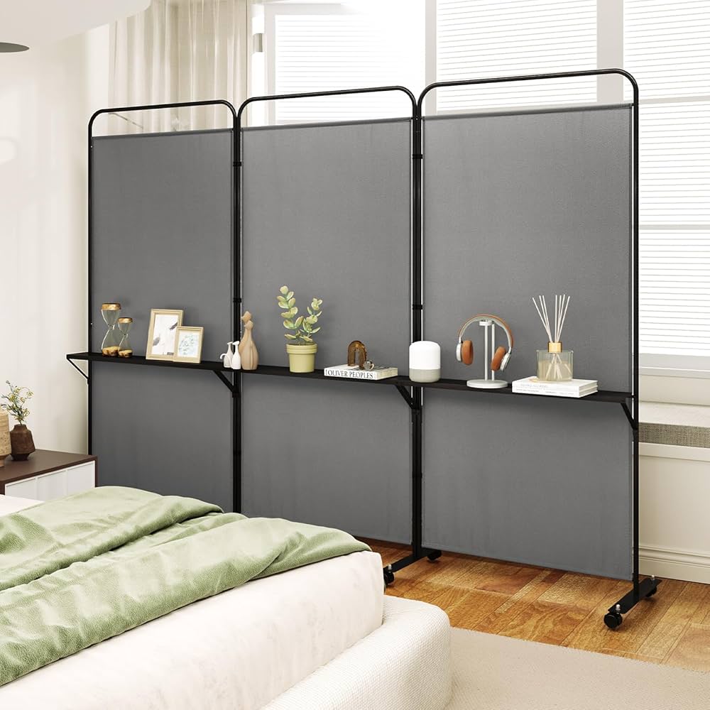 3-Panel Folding Room Divider, 188cm Rolling Privacy Screen w/ 3 Metal Shelves, Lockable Wheels, Portable Wall Divider Separator, Freestanding Privacy Protection for Living Room