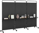 3-Panel Folding Room Divider, 188cm Rolling Privacy Screen w/ 3 Metal Shelves, Lockable Wheels, Portable Wall Divider Separator, Freestanding Privacy Protection for Living Room