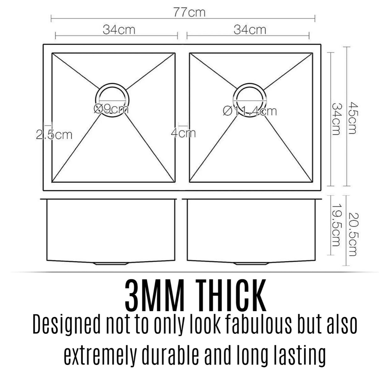 Kitchen Sink Nano Stainless Steel 770 x 450mm Double Basin Laundry Black