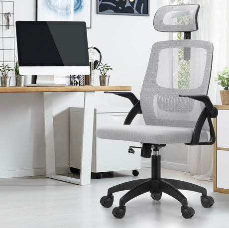 Ergonomic Office Chair, Highly Breathable Home Office Chair with Removable Headrest, Retractable Armrest and Wide Tall Backrest, Computer Desk Chair for Office White