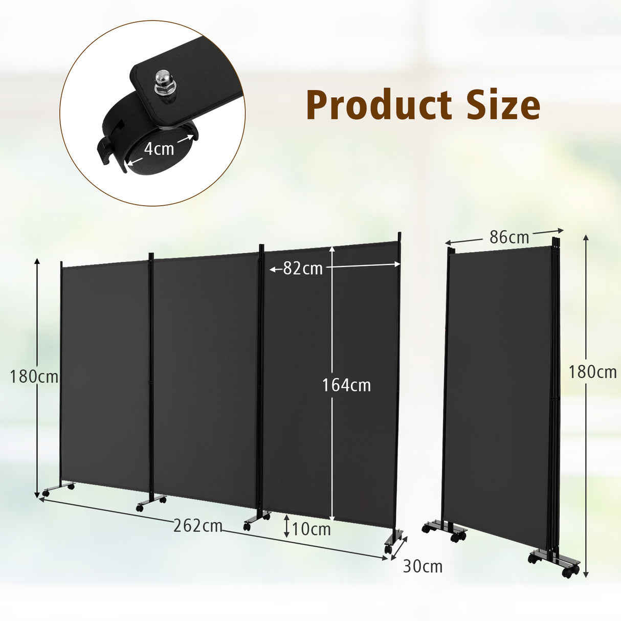 3-Panel Folding Room Divider, 180 CM Rolling Privacy Screen with Lockable Wheels, Portable Wall Divider and Separator, Freestanding Privacy Protection for Living Room, Bedroom, Office