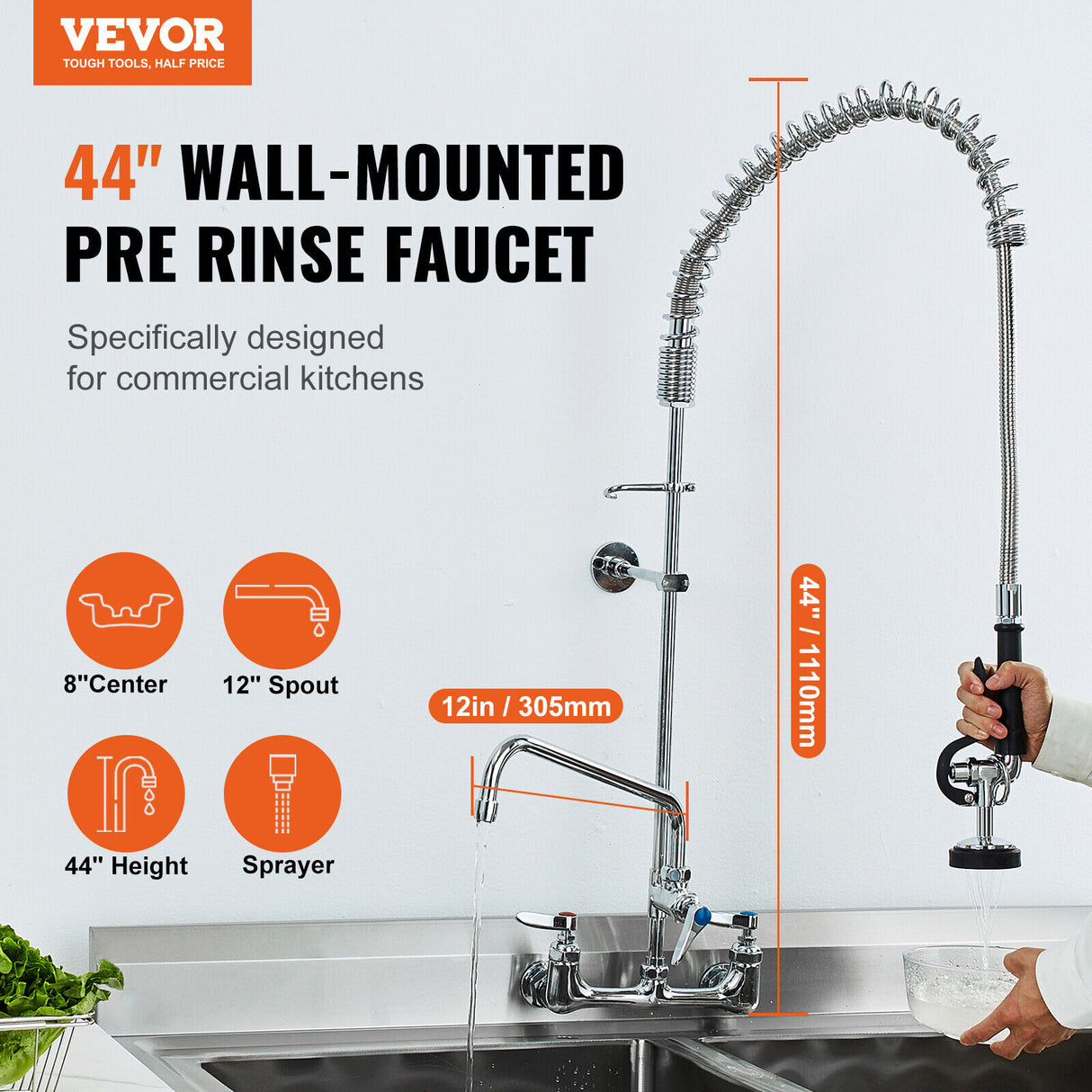 Commercial Wall Mount Kitchen Sink Faucet Pre-Rinse Sprayer 44" Height