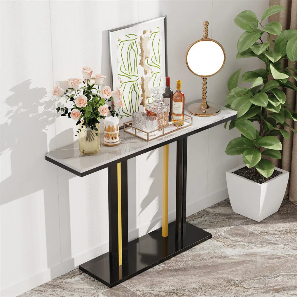 Console Table Hall Side Entry Display White Desk Narrow Long Marble Tabletop