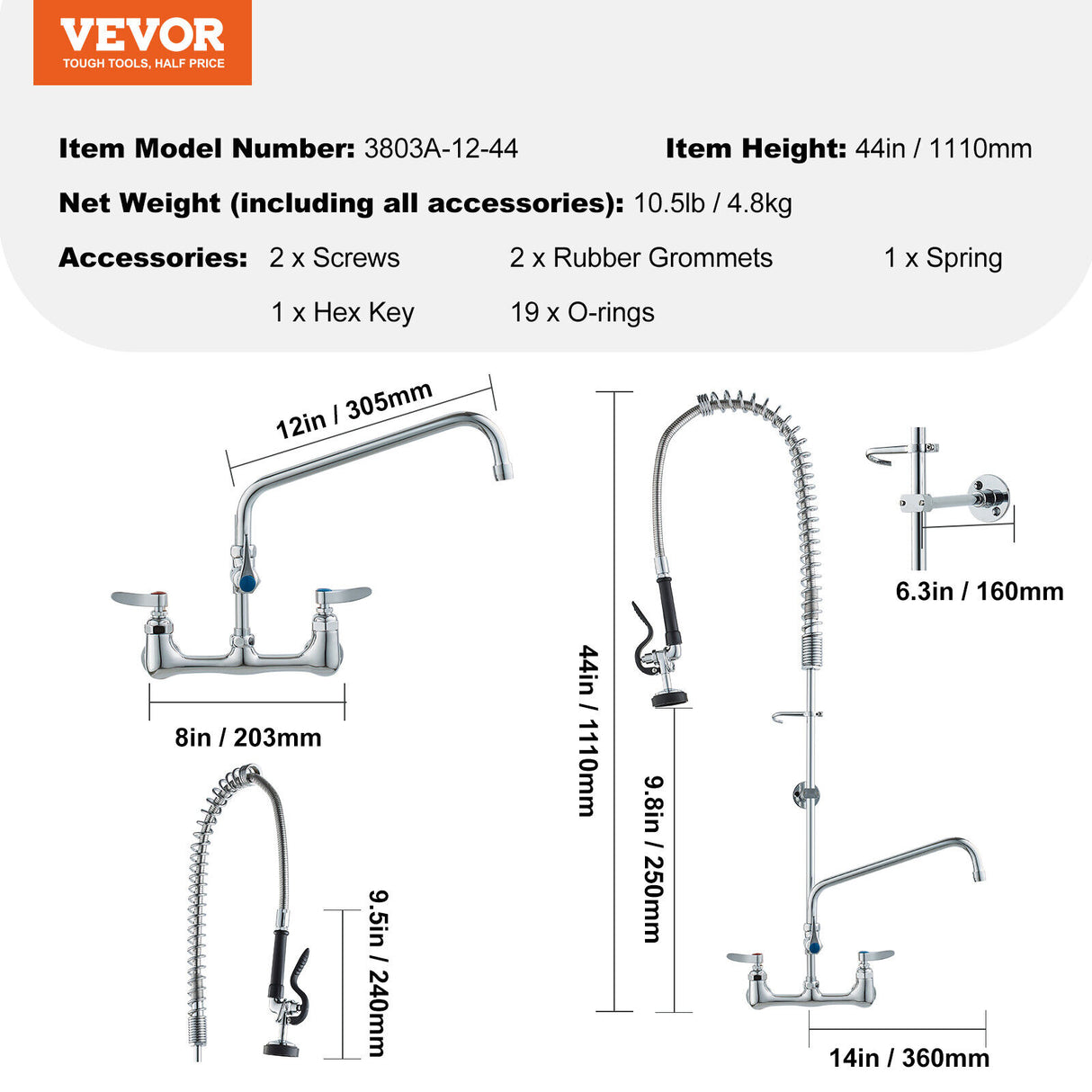 Commercial Wall Mount Kitchen Sink Faucet Pre-Rinse Sprayer 44" Height