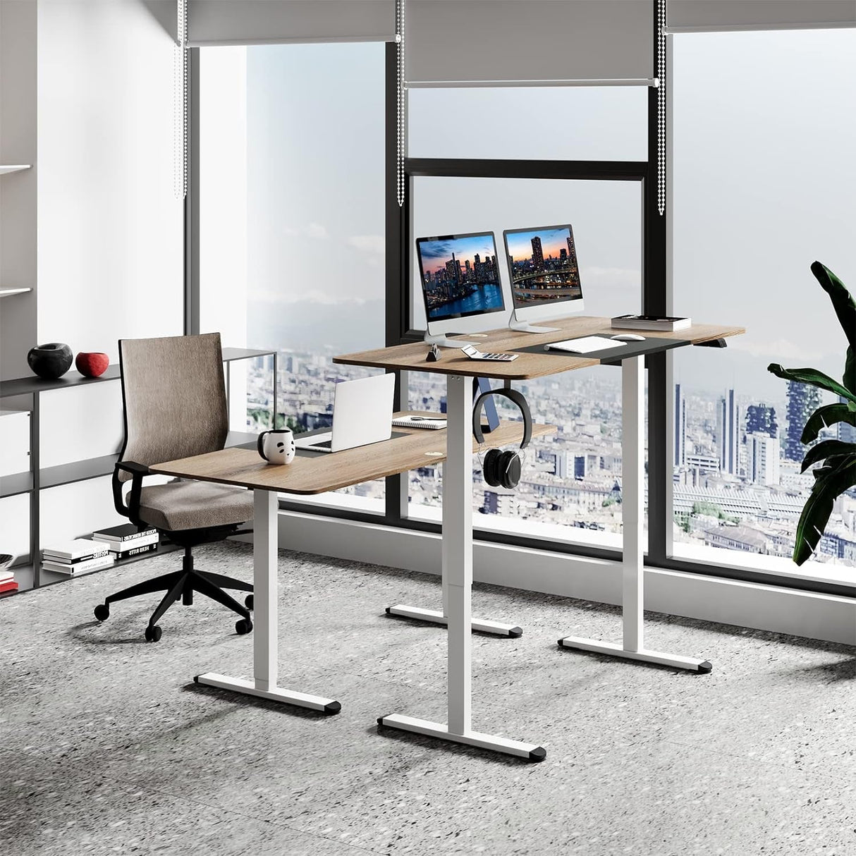 140 x 70cm Large Electric Standing Desk, Height Adjustable Sit to Stand Desk, Metal Frame & Powerful Motor, Button Controller, Headphone Hook, Ergonomic Standing Workstation