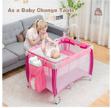 Baby Travel Cot Bassinet 3-in-1 Portable Infant Crib Playpen w/ Mattress Pink