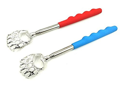 2 in 1 Telescopic Back Scratcher & Bottle Opener, (2-Pack) Portable Extendable Telescoping Bear Claws Metal Back Scratchers & Bottle Opener with Non-slip Rubber Handles (Red+Blue)