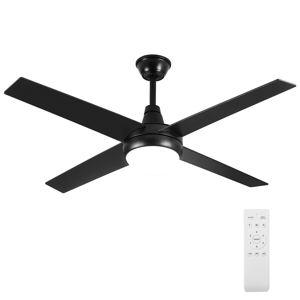 52" Ceiling Fan with Light Remote Control, Wood Ceiling Fans with 4 Blades, 6 Speed DC Motor, Indoor Outdoor Ceiling Fan for Patio, Bedroom, Living Room, Office, Black