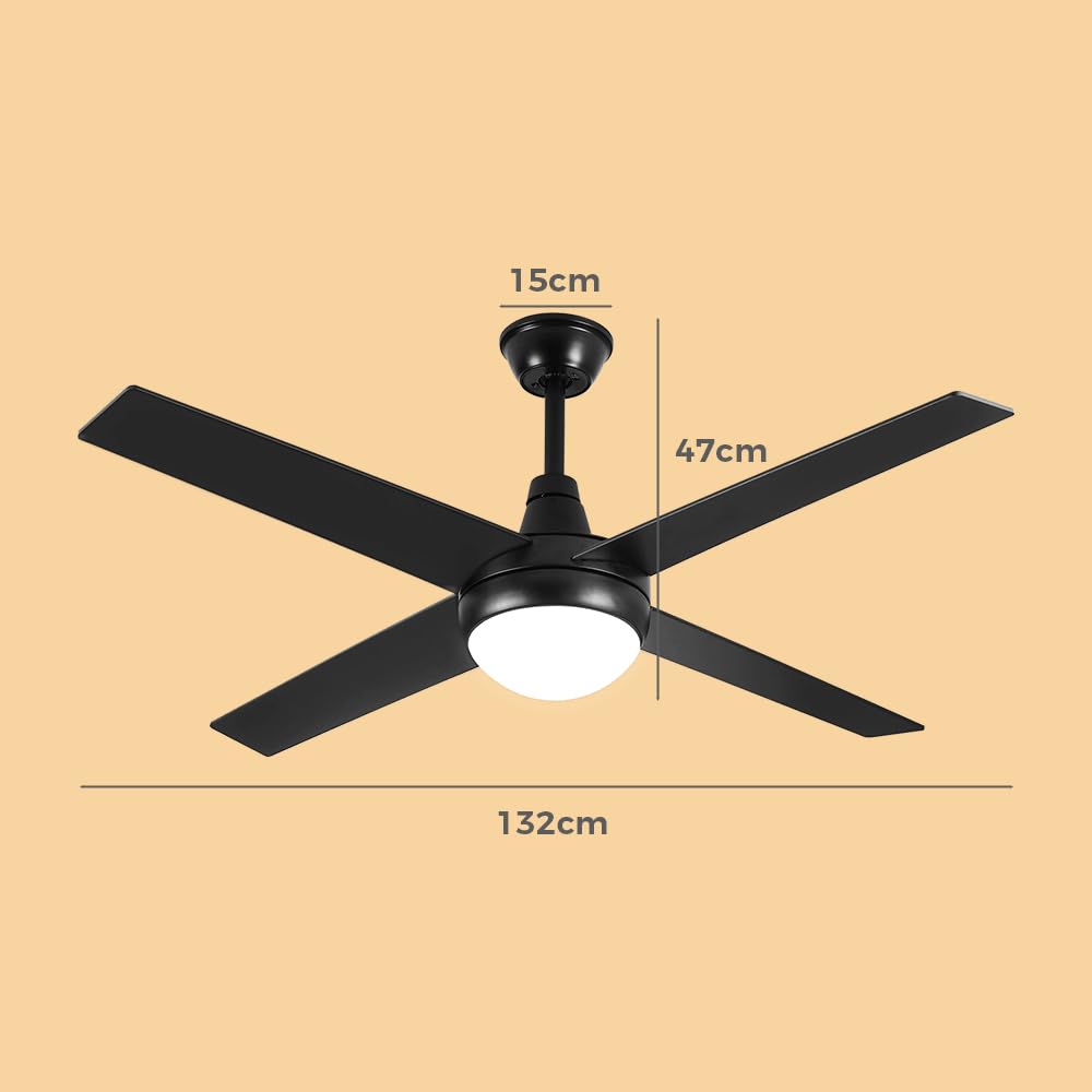 52" Ceiling Fan with Light Remote Control, Wood Ceiling Fans with 4 Blades, 6 Speed DC Motor, Indoor Outdoor Ceiling Fan for Patio, Bedroom, Living Room, Office, Black