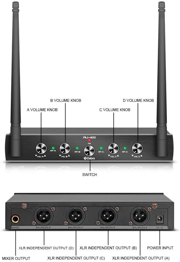 Debra Audio Pro UHF 4 Channel Wireless Microphone System With Cordless Handheld Lavalier Headset Mics, Metal Receiver, Ideal For Karaoke Church Party (With 4 Handheld (A frequency))