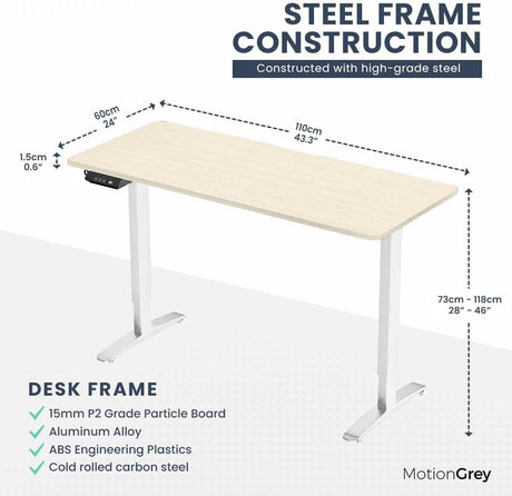 Electric Motor Height Adjustable Standing Desk, 110 x 60 cm, Ergonomic Stand Up Desk, Adjustable Computer Sit Stand Desk Stand (White + Lightbrown, 43 Inch)