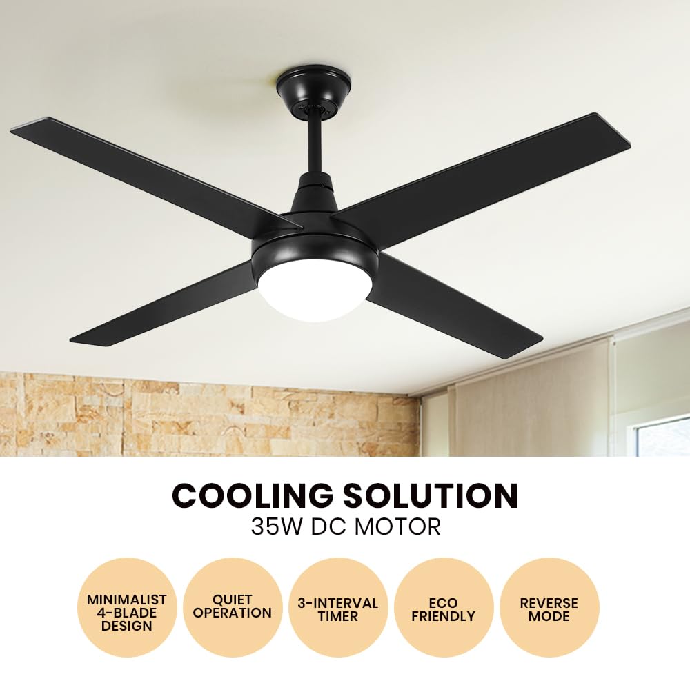 52" Ceiling Fan with Light Remote Control, Wood Ceiling Fans with 4 Blades, 6 Speed DC Motor, Indoor Outdoor Ceiling Fan for Patio, Bedroom, Living Room, Office, Black