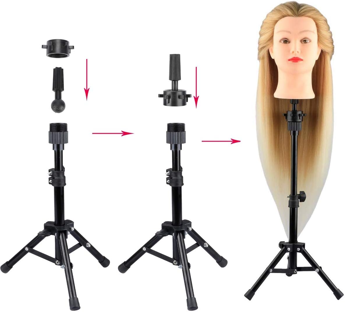 Mini Wig Stand Tripod with Head Adjustable Mannequin Head Stand Wig Head Stand Wig Tripod Stand for Cosmetology Hairdressing Training(25 Inch,Black)